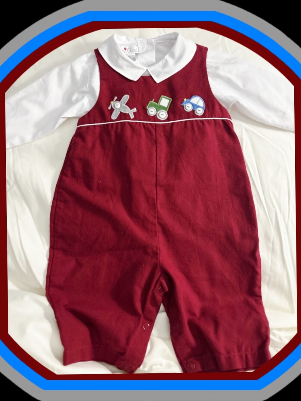 Petit Ami Burgundy Romper with White Collar and Vehicle Motifs